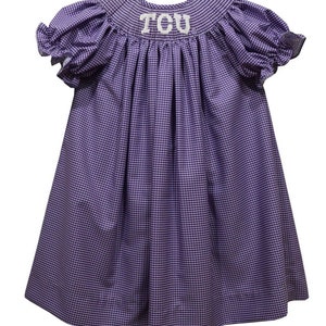 Ready to ship-TCU Horned Frogs Smocked Purple Gingham Short Sleeve Bishop Dress