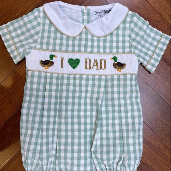 Ready to ship-I Love Dad Green Gingham Smocked Duck Bubble