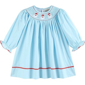 Blue Santa Smocked Bishop Dress-size chart attached with pictures