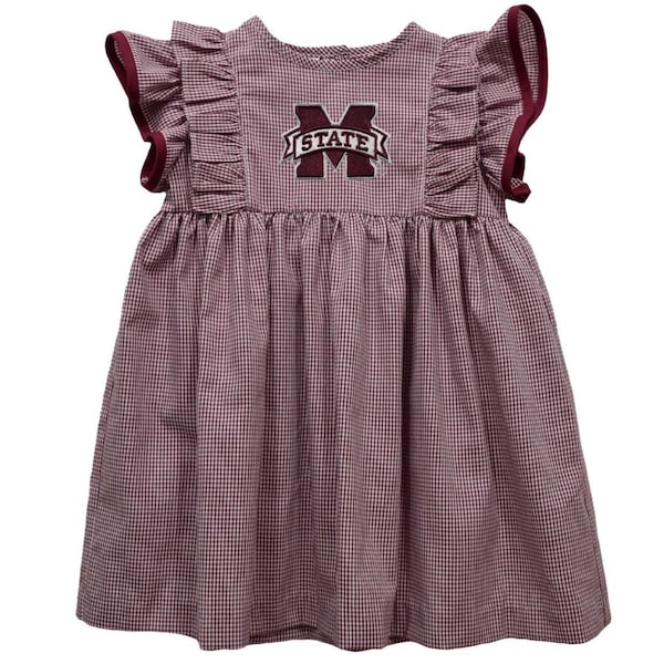 Ready to ship-Mississippi State Bulldogs Embroidered Gingham Ruffle Dress