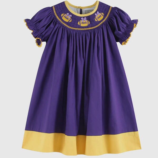 Preorder ETA 7/15-8/15-Purple and Gold Football Smocked Bishop Dress