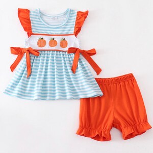 Blue Striped Embroidered Pumpkin Girl Set