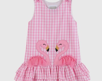 Pink Gingham Flamingo Tulle Ruffle Dress