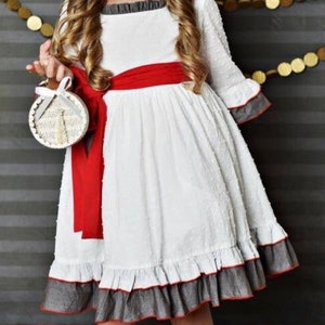 White Gray and Red Sash Vintage Ruffle Dress