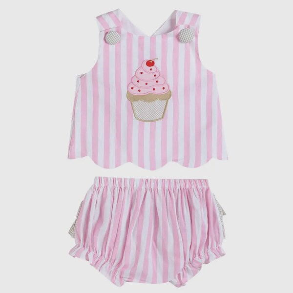 Pink Stripe Cupcake Applique Top & Bloomer Set