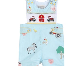 Light Blue Barnyard Print Applique Farm Animal Shortalls