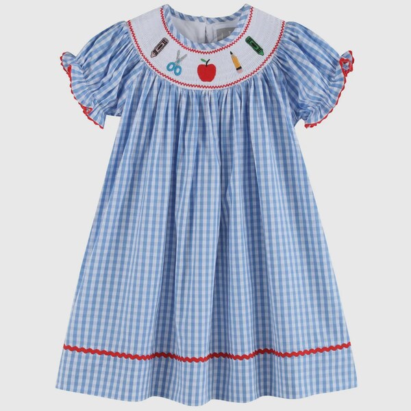 Preorder ETA 7/15-8/15-Blue Gingham School Supplies Smocked Bishop Dress