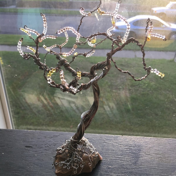 Wire Wrapped Winter Tree Sculpture, Galvanized Steel, Aluminum, Copper Wire, Glass Beads, Rough/Unpolished Rock Base