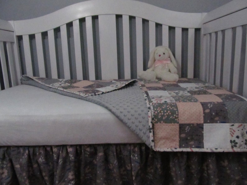 Vintage farmhouse girls handmade crib quilt set gray pink white cotton flannel minky sheet skirt little girl floral bunny cat