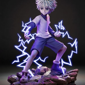 May include: A collectible anime-style figurine of a spiky-haired character with white hair, wearing a white t-shirt over a dark purple long-sleeve shirt and shorts. The figure stands on a rocky base surrounded by glowing blue lightning effects.