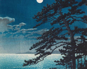 絵画 海辺（M） 川瀬巴水作「二宮海岸の春月」プリントポスター - Etsy 日本