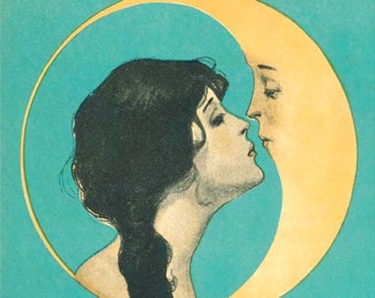 Vintage Woman Kissing Crescent Moon Man Print Poster