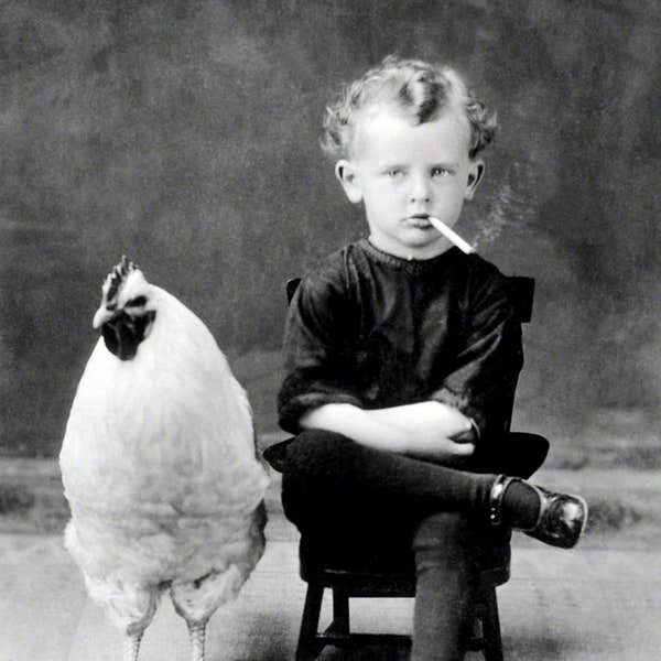 Boy With Chicken Rooster Smoking Cigarette Original Vintage Print Poster