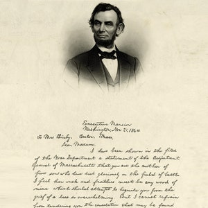 Póster impreso de la carta del presidente Lincoln a la Sra. Bixby de 1891 durante la Guerra Civil
