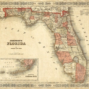 Old Florida Map 1863 Johnson's Map Of Florida Restoration Style Florida Vintage State Map Print Poster