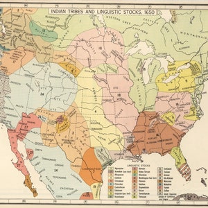 Mapa estadounidense de tribus indígenas americanas y acervos lingüísticos de 1650: póster impreso de Territorio, Espíritu Tribal y Nación