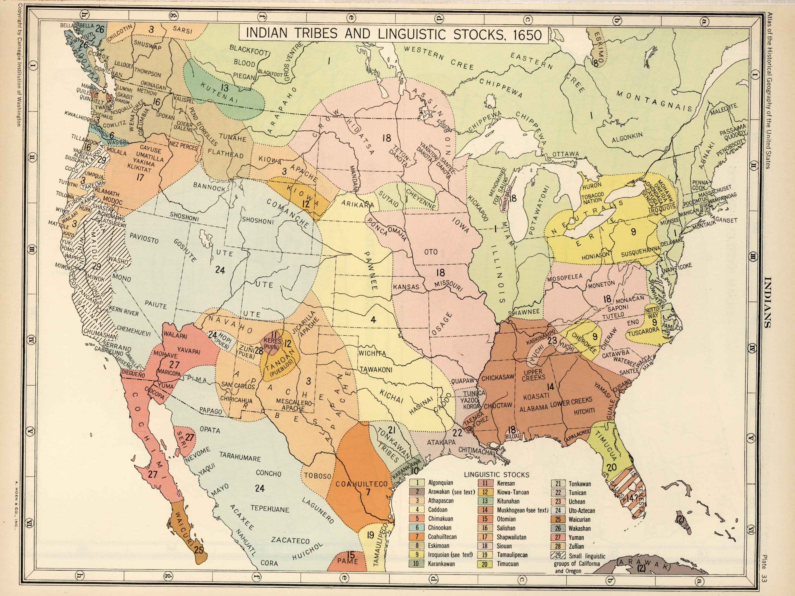 1650年アメリカ先住民インディアン部族と言語的系統の地図