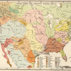 US Karte der amerikanischen Ureinwohnerstämme und Sprachbestände 1650 Print Poster