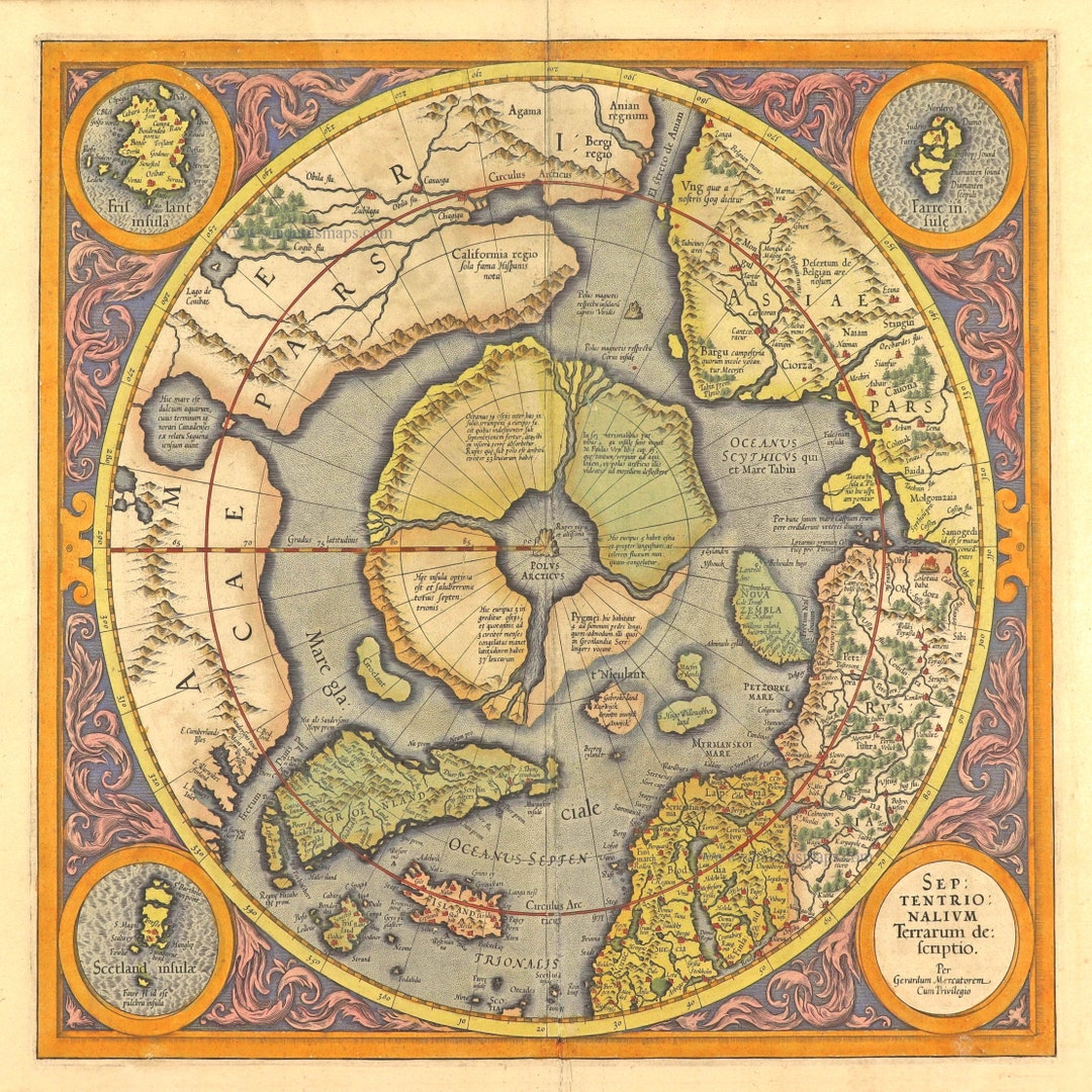 Map Mercator 1606 North Pole Arctic Septentrionalium Terrarum Pictorial ...