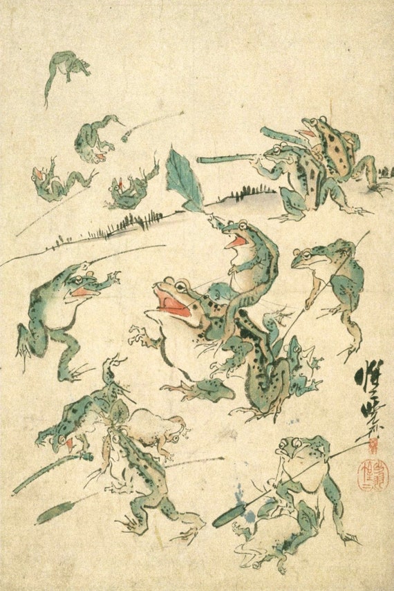 蛙の戦い - 河鍋暁斎版画ポスター - Etsy 日本