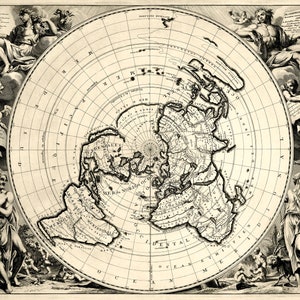 Antique Planisphere Terrestre - Vintage Flat Earth Azimuthel Equidistant Print Poster