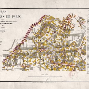 Carte ancienne des catacombes de Paris de 1857, affiche imprimée