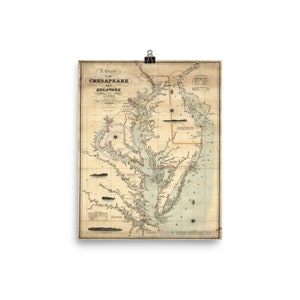 Affiche imprimée de la carte nautique de Chesapeake et des baies du Delaware, 1862