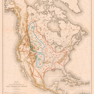 Mapa antiguo del exterminio del bisonte americano de Hornaday, 1889. Póster impreso.