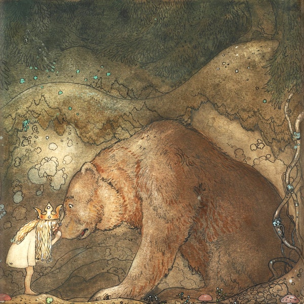 John Bauer Kissed the Bear On The Nose 1907 Reproduction Young Princess Bear Fairy Tale Print Poster