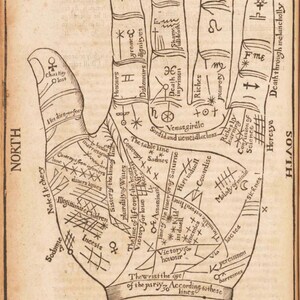 Richard Saunders - Póster impreso de 1653 sobre tabla de quiromancia/quiromancia