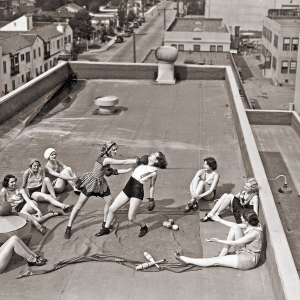 Women Boxing On A Roof 1938 Vintage Print Poster