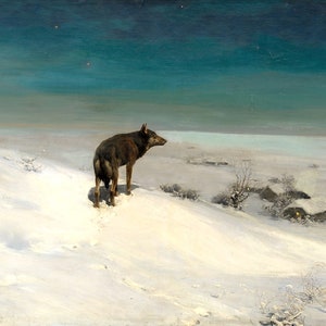 Lone Wolf On A Snowy Hill Looking Over Village At Night By Alfred Wierusz Kowalski Print Poster