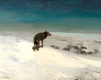 若者の大愛商品 Lone by Night at Village Over Looking Hill Snowy A on Wolf 絵画