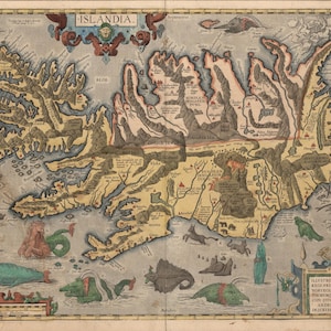 Vintage Karte von Island mit Seeungeheuern Poster