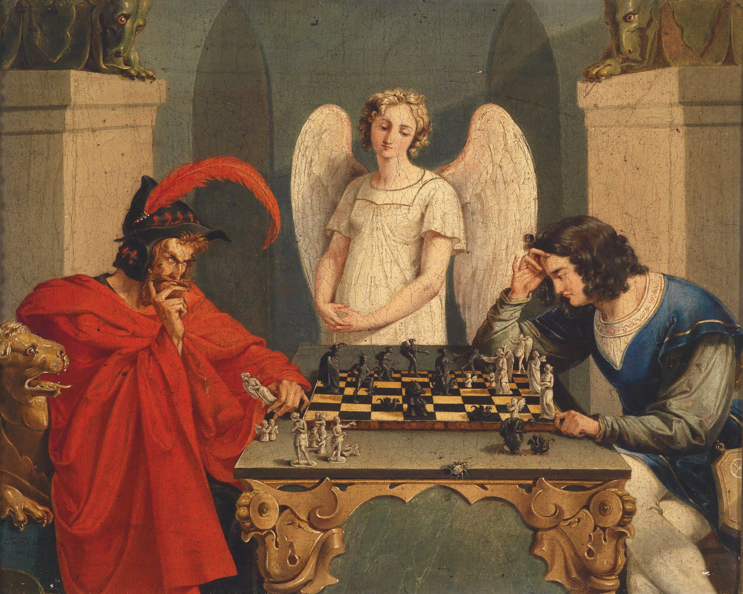 Vintage Print After the Famous Painting chess Game 