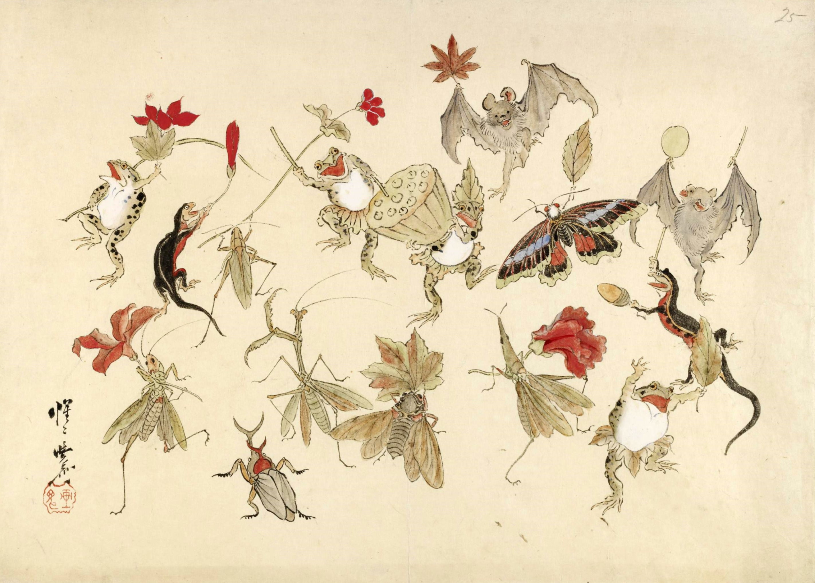 河鍋暁斎作「踊る蛙の森」1879年版画ポスター - Etsy 日本