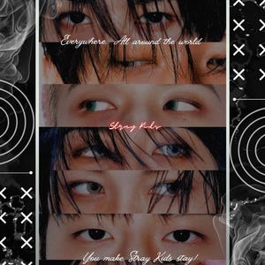 May include: A digital art piece featuring close-up images of eyes in a collage. The text "Everywhere. All around the world" and "Stray Kids" are visible. The phrase "You make Stray Kids stay!" is also present.