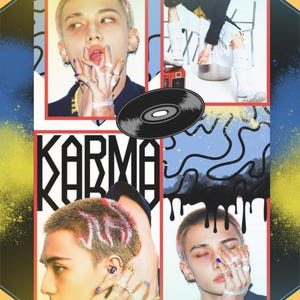 May include: A collage featuring four images of a person with colorful nail polish and rings. The word "KARMA" is displayed in large, bold letters. A vinyl record graphic is also included in the design. The background has a mix of blue, yellow, and black elements.