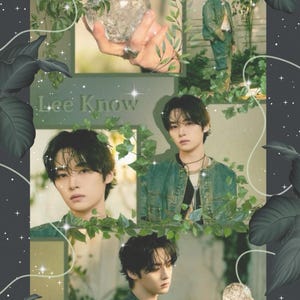 May include: A collage featuring multiple images of a person in various poses, surrounded by green foliage and sparkling accents. The text "Lee Know" is visible. The person is wearing a denim jacket and holding a crystal ball in some images.