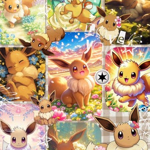 May include: A collection of illustrations of the Pokémon Eevee. The artwork depicts Eevee in different poses and environments, highlighting its fluffy fur, large ears, and expressive eyes. The backgrounds include floral and natural scenes.