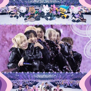 May include: A multi-layered image featuring a group of people, likely performers, in a large venue. The top section shows costumed characters. The middle section shows a group of people smiling and holding microphones. The bottom section shows a group of people sitting and posing.