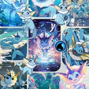 Può includere: Un collage di varie illustrazioni blu di Vaporeon. L'opera presenta molteplici rappresentazioni del Pokémon in diverse pose e ambientazioni, con una vibrante tavolozza di colori. La parola "Love" è visibile nell'immagine.