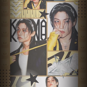 May include: Collage featuring multiple images of a person with dark hair, wearing a black jacket, and accessories. The images are set against a background with yellow and black geometric shapes and the word "KMA".