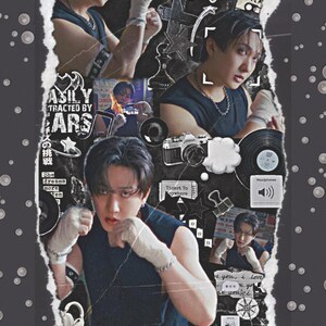 May include: Collage-style image with multiple photos of a person in a black sleeveless shirt and white hand wraps. The background includes musical notes, a camera, and the word "Karma".