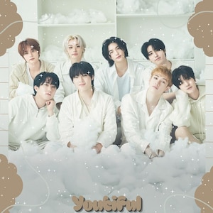 May include: A group of nine people posing in front of a white background with cloud-like decorations. The people are wearing white or light-colored clothing. The image has a brown border with the word "Youtiful" and music player icons.