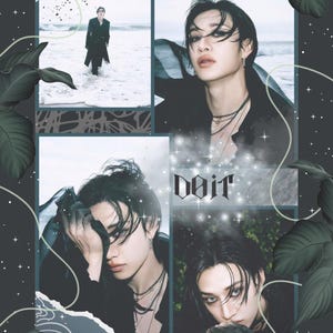 May include: A collage featuring four images of a person with dark hair and various poses. The word "doit" is in the center. The background has a dark green and blue color scheme with leaf and wave designs.