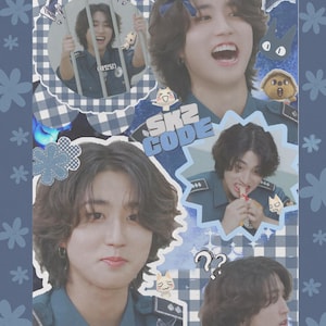 May include: A collage featuring multiple images of a person with brown hair, set against a blue floral and patterned background. The images include the text "SK2 CODE" and other decorative elements like stars and cartoon characters. The person is wearing a blue uniform.