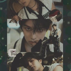 May include: A collage featuring three images of a person in various poses. The person is wearing a white and black sleeveless top, a black choker, and a lip piercing. The images include a guitar and the text "RHO" and "R☆C STA".