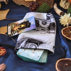 May include: A white tarot card bag with a black and white camera illustration, holding a deck of cards. A tarot card featuring a bear in a striped shirt is displayed. The scene includes dried flowers, leaves, and a crystal on a blue surface.