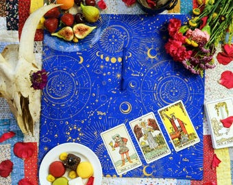 Blå Zodiac Himmelska Månfaser Tarot Wrap Tarot Spread Duk Tarotläsningsduk Handgjord